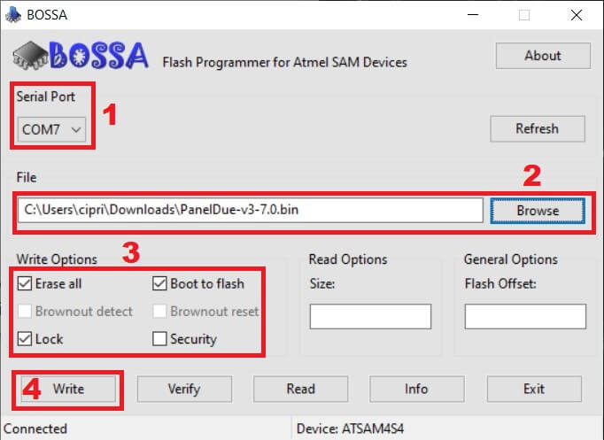 Flash PanelDue firmware Bossa settings | How to Update PanelDue Firmware
