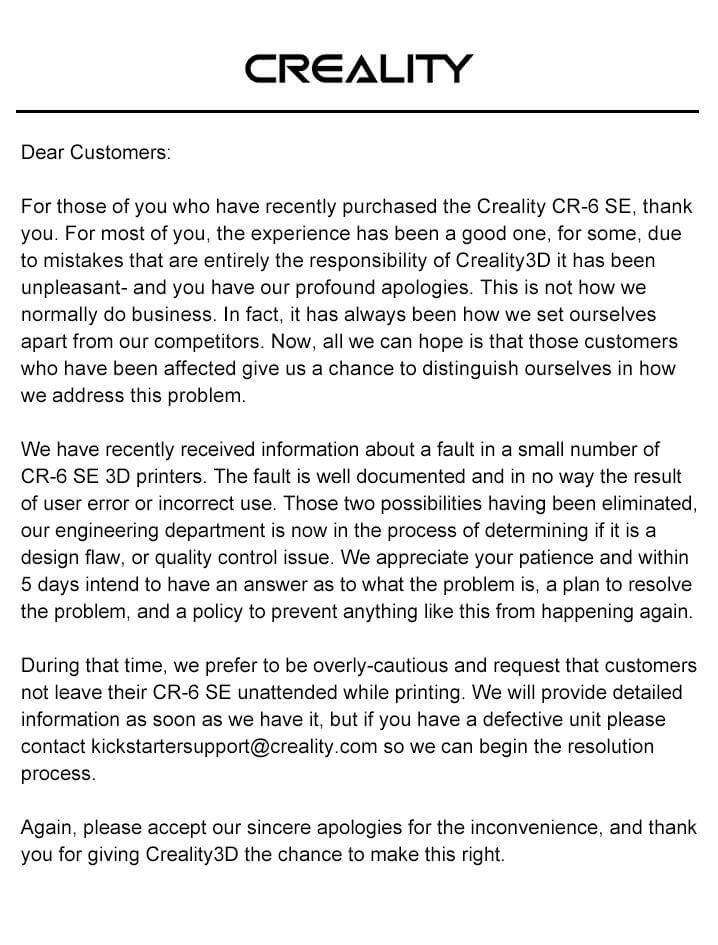 Creality Statement | Creality CR-6 SE Review: Ender 3 Evolution