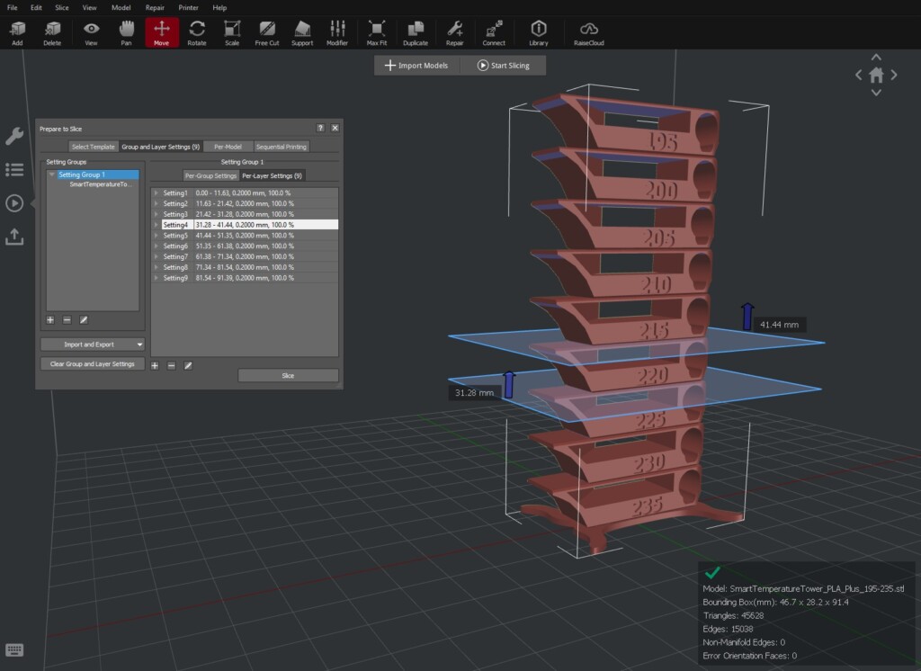 IdeaMaker Per Layer Settings for Temperature Tower | 3D Printer Calibration Guide using IdeaMaker