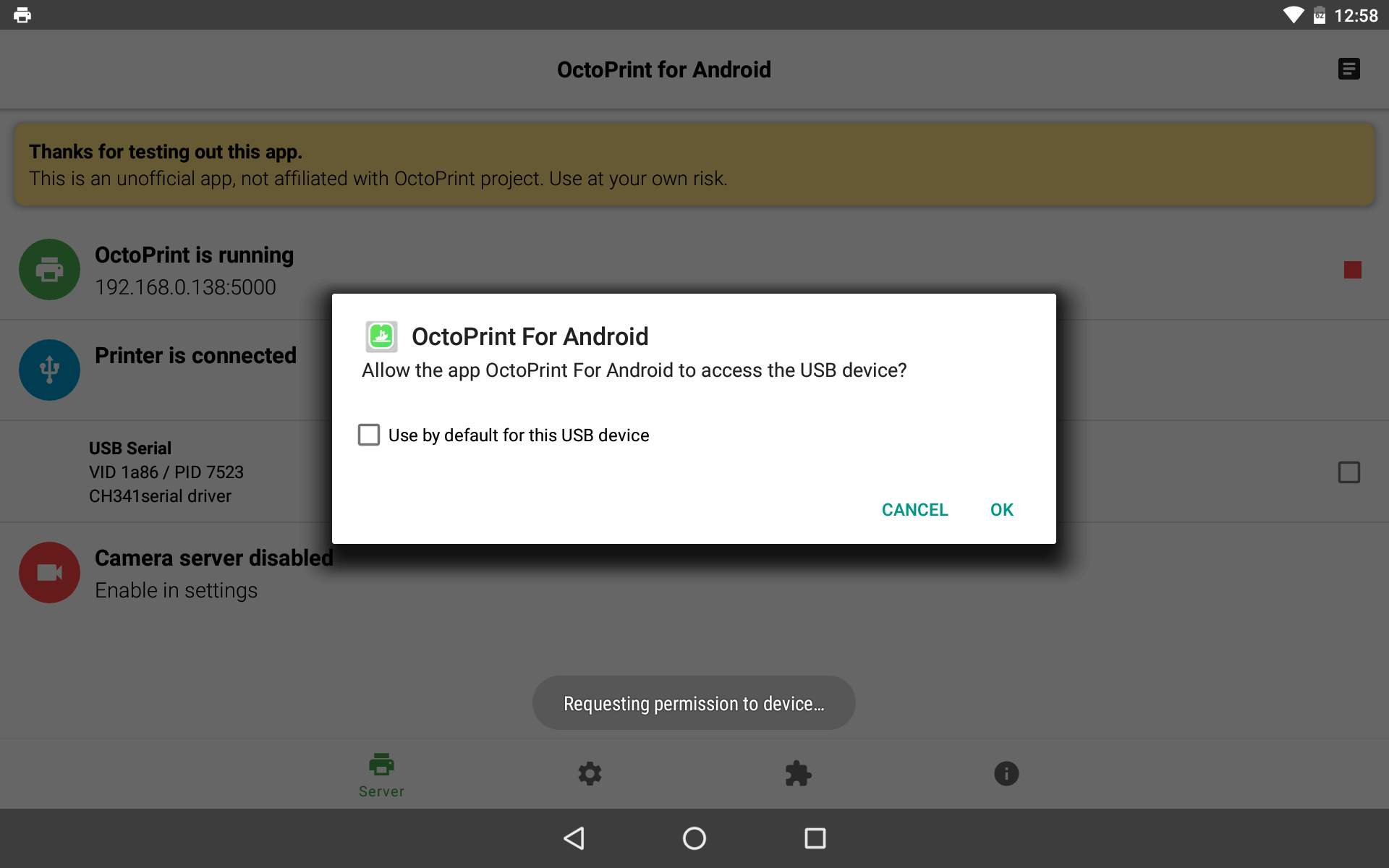 USB Connection confirmation for Octoprint4A | OctoPrint for Android: Recycle your old phone!